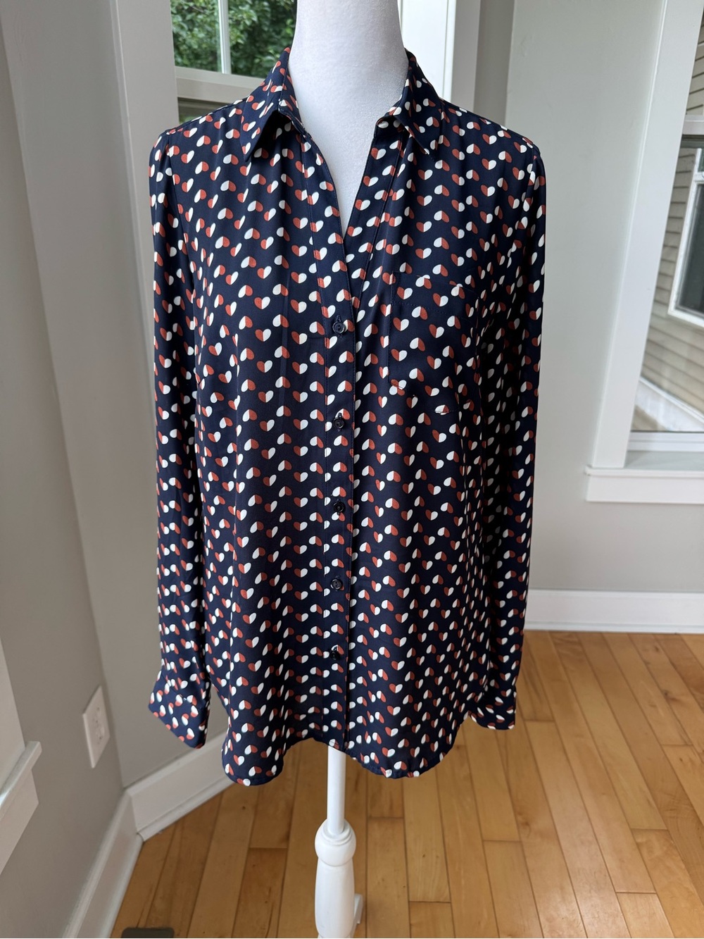 The Limited Navy Blue Button-Down Shirt with Brown and White Heart Print Small
